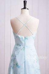 back of Floral Print Cowl Neck Spaghetti Strap Bridesmaid Dress