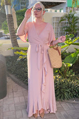 Dusty Pink Surplice Ruffle Wrap Long Dress with Half Sleeves