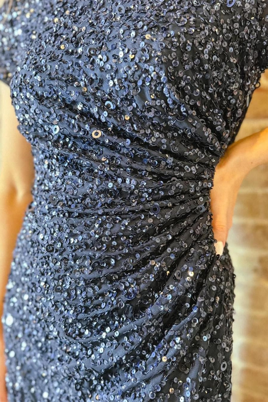 Navy Blue Sequin Cowl Back Evening Gown