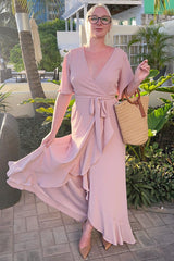 Dusty Pink Surplice Ruffle Wrap Long Dress with Half Sleeves