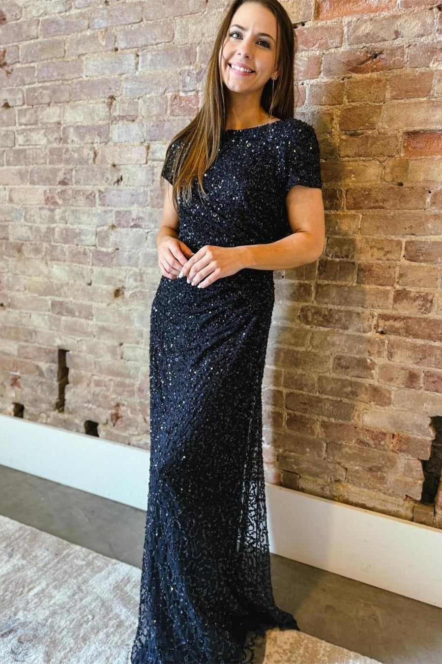 Navy Blue Sequin Cowl Back Evening Gown