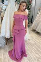 Mauve Off-the-Shoulder Ruffle Mermaid Evening Gown