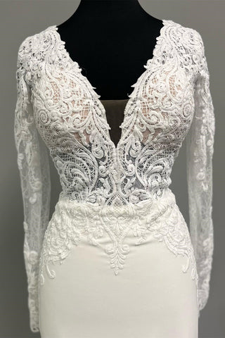 White Lace Plunge V Backless Mermaid Wedding Dress