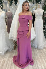 Mauve Off-the-Shoulder Ruffle Mermaid Evening Gown