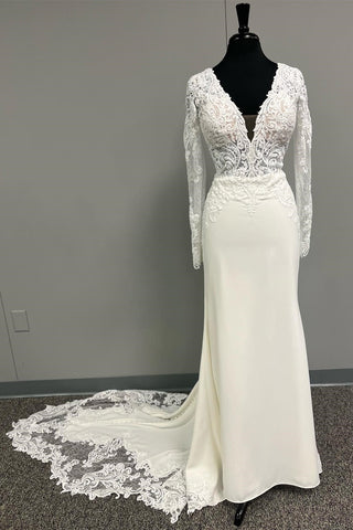 White Lace Plunge V Backless Mermaid Wedding Dress