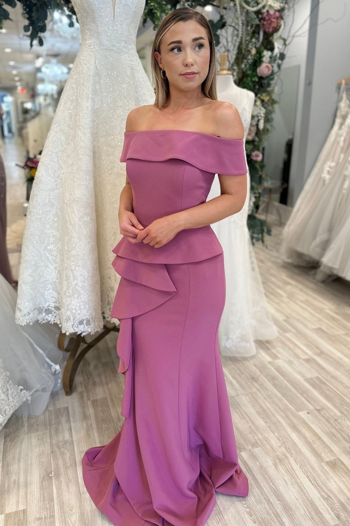 Mauve Off-the-Shoulder Ruffle Mermaid Evening Gown