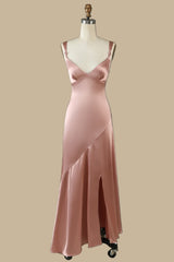 Shedestiny Asymmetrical Rose Gold V-Neck Ruffle Maxi Dress with Slit