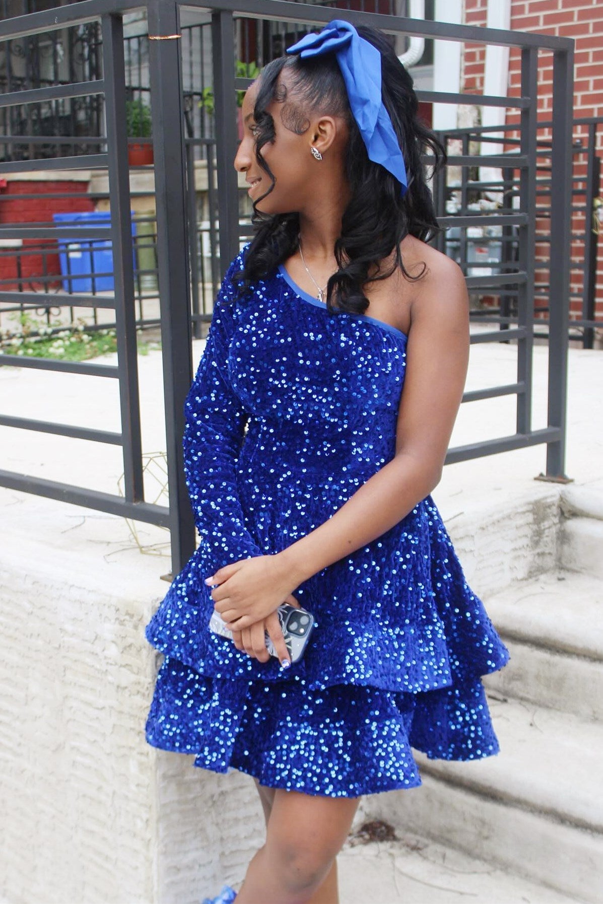 Blue Sequin One-Shoulder Tiered Short Homecoming Dress