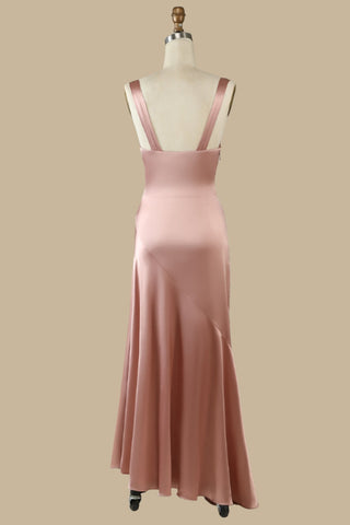 Shedestiny Asymmetrical Rose Gold V-Neck Ruffle Maxi Dress with Slit