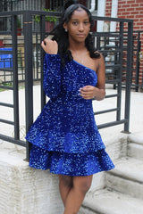 Blue Sequin One-Shoulder Tiered Short Homecoming Dress