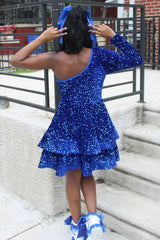 back of Blue Sequin One-Shoulder Tiered Short Homecoming Dress