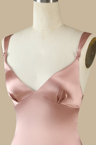 Shedestiny Asymmetrical Rose Gold V-Neck Ruffle Maxi Dress with Slit