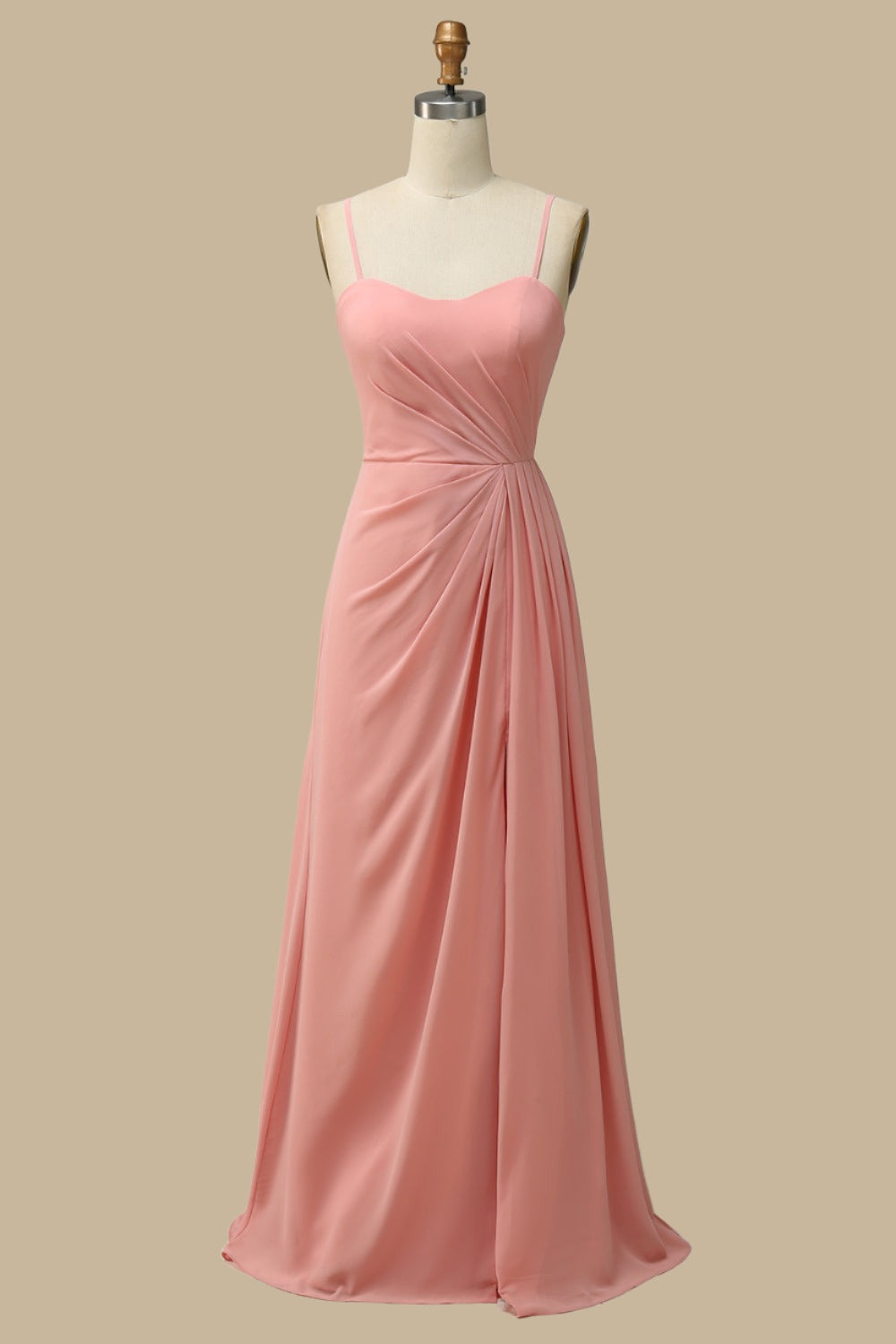 Shedestiny Spaghetti Strap Ruched Chiffon Maxi Dress in Coral