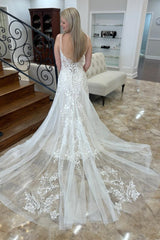 back of White Applique Spaghetti Strap A-Line Long Wedding Dress