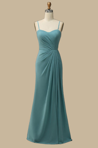 Shedestiny Spaghetti Strap Ruched Chiffon Maxi Dress in Turquoise
