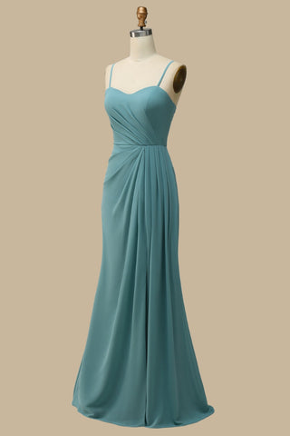 Shedestiny Spaghetti Strap Ruched Chiffon Maxi Dress in Turquoise