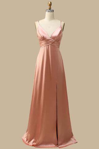 Warm Blush V-Neck Draped Gown with Slit