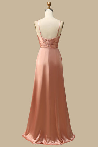 back of Warm Blush V-Neck Draped Gown with Slit