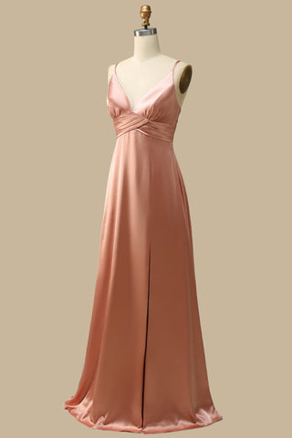 Warm Blush V-Neck Draped Gown with Slit