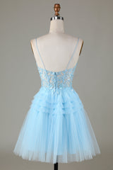 Light Blue Sheer Bodice Ruffle Tiered Short Homecoming Dress