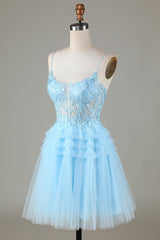 Light Blue Sheer Bodice Ruffle Tiered Short Homecoming Dress