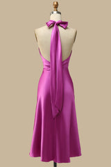 back of Magenta Halter Tie-Back Midi Dress