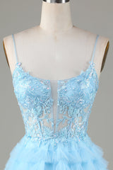 Light Blue Sheer Bodice Ruffle Tiered Short Homecoming Dress