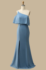 One-Shoulder Ruffle Mermaid Chiffon Gown in Misty Blue 