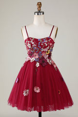 3D Floral Spaghetti Strap A-Line Short Party Dress in Red