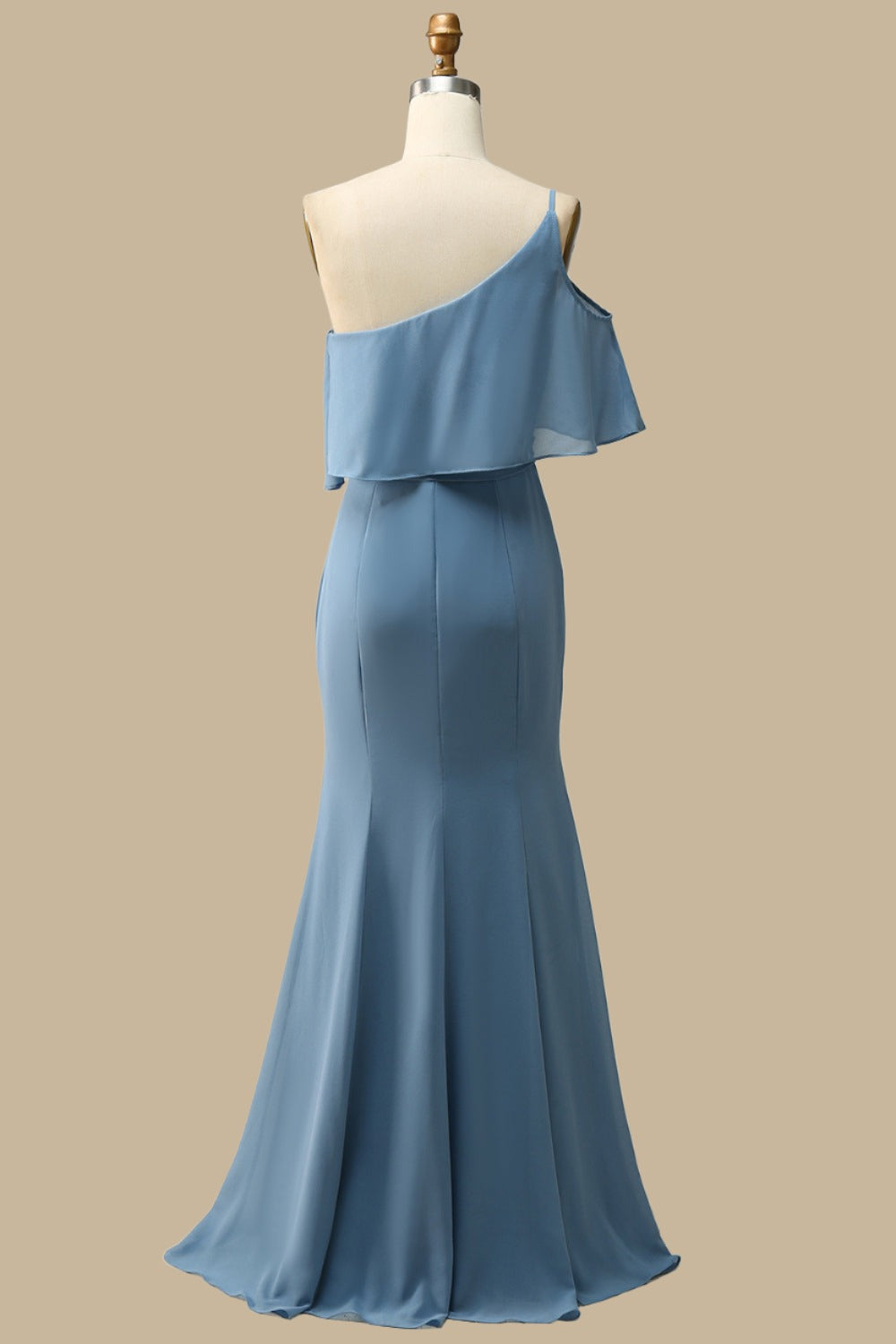 back of One-Shoulder Ruffle Mermaid Chiffon Gown in Misty Blue