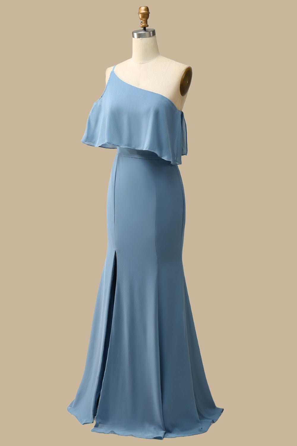 One-Shoulder Ruffle Mermaid Chiffon Gown in Misty Blue