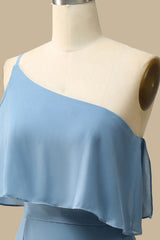 top of One-Shoulder Ruffle Mermaid Chiffon Gown in Misty Blue