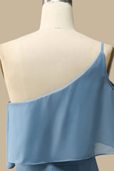 back of One-Shoulder Ruffle Mermaid Chiffon Gown in Misty Blue