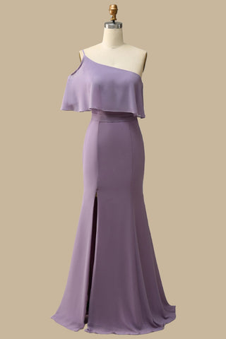 One-Shoulder Ruffle Mermaid Chiffon Gown in Misty Lavender