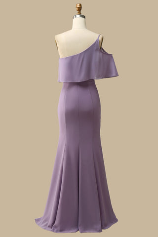 Back of One-Shoulder Ruffle Mermaid Chiffon Gown in Misty Lavender