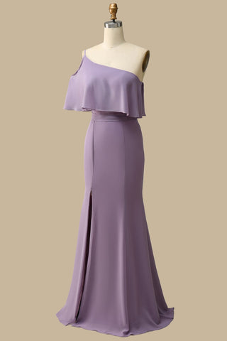 One-Shoulder Ruffle Mermaid Chiffon Gown in Misty Lavender