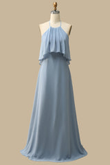 Misty Blue Halter Backless Maxi Dress