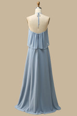 Back of Misty Blue Halter Backless Maxi Dress