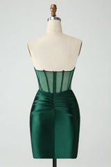 Back of Strapless Sheer Bodice Mini Cocktail Dress in Emerald Green