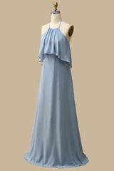 Misty Blue Halter Backless Maxi Dress