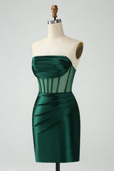 Strapless Sheer Bodice Mini Cocktail Dress in Emerald Green