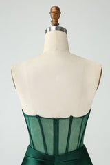 back of Strapless Sheer Bodice Mini Cocktail Dress in Emerald Green