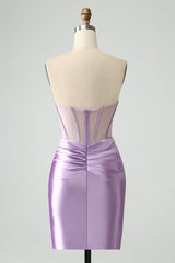 back of Strapless Sheer Bodice Mini Cocktail Dress in lavender