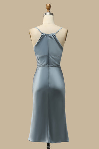 Back of Misty Blue V-Neck Mermaid Midi Dress