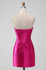 back of Hot Pink Strapless Keyhole Ruched Mini Homecoming Dress