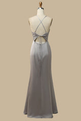 back of Lace-Up Cutout Long Dress in gray