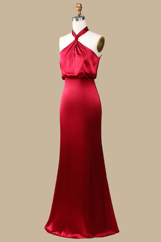 Red Halter Elastic Waist Maxi Dress