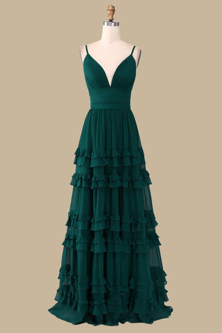 Emerald V-Neck Ruffle Long Dress with Spaghetti Straps
