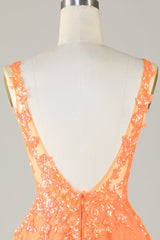 back of Glitter Applique V-Neck A-Line Homecoming Dress in orange