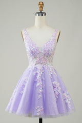 Glitter Applique V-Neck A-Line Homecoming Dress in lavender